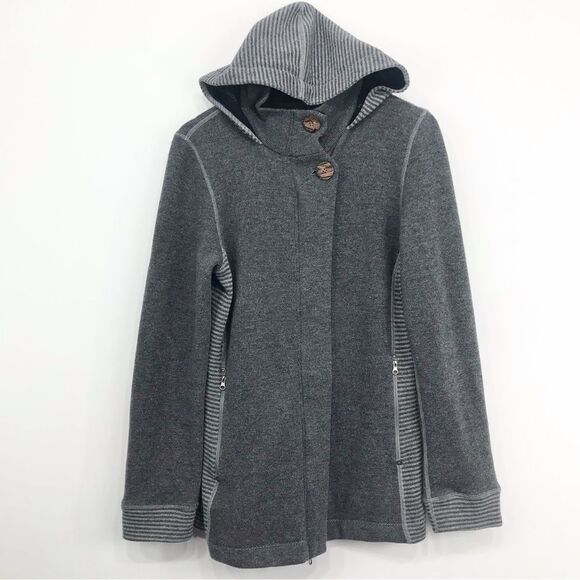 Prana Gray Striped Hooded Tunic Zip Up Knit Fleece Wool Blend Jacket - Picture 1 of 16